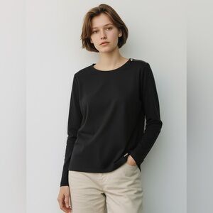 Ellen Tracy Black Long Sleeve Tee With Gold Zip Neck Detail
